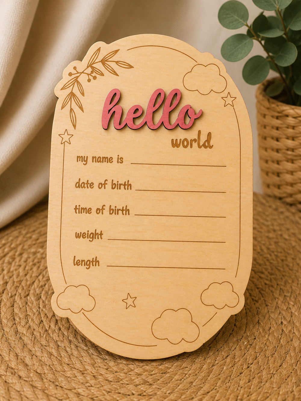 Табелка за новородено Hello World – име, дата, час, тегло и ръст
