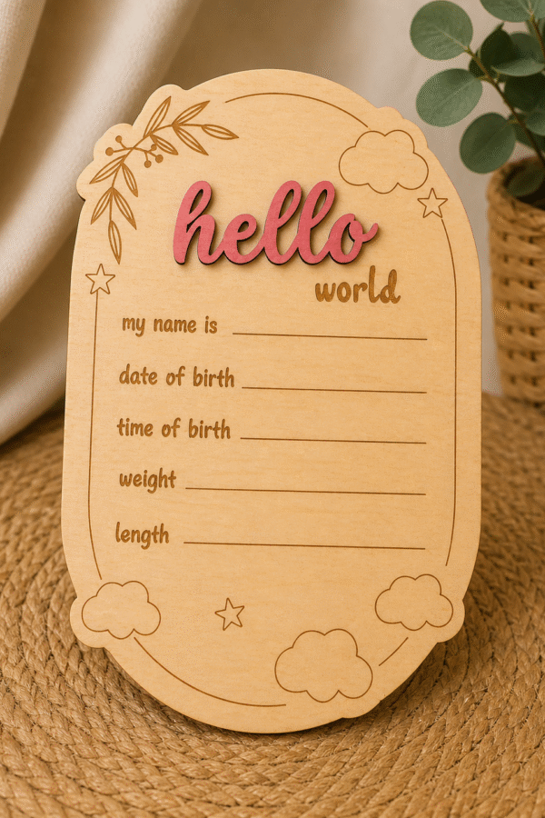 Табелка за новородено Hello World – име, дата, час, тегло и ръст
