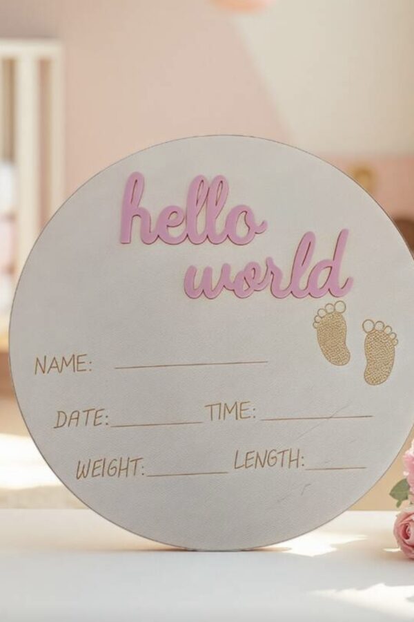 Табелка за новородено Hello World – име, дата, час, тегло и ръст