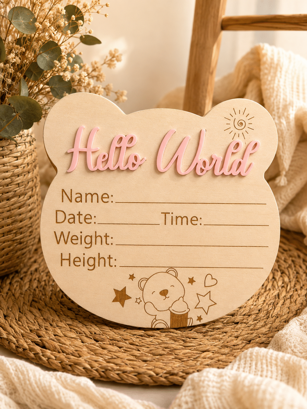 Табелка за новородено Hello World – име, дата, час, тегло и ръст