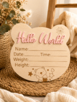 Табелка за новородено Hello World – име, дата, час, тегло и ръст
