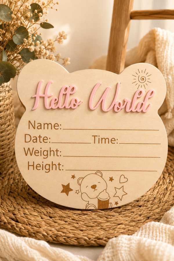 Табелка за новородено Hello World – име, дата, час, тегло и ръст