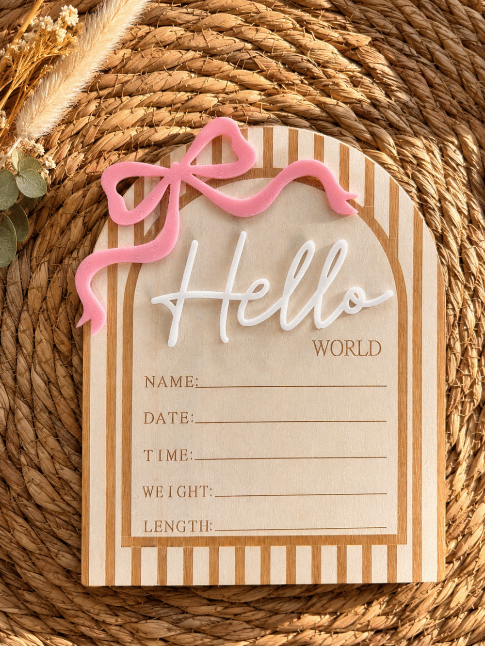Табелка за новородено Hello World – име, дата, час, тегло и ръст