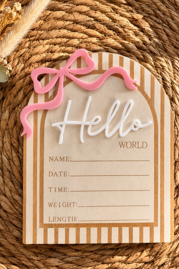 Табелка за новородено Hello World – име, дата, час, тегло и ръст