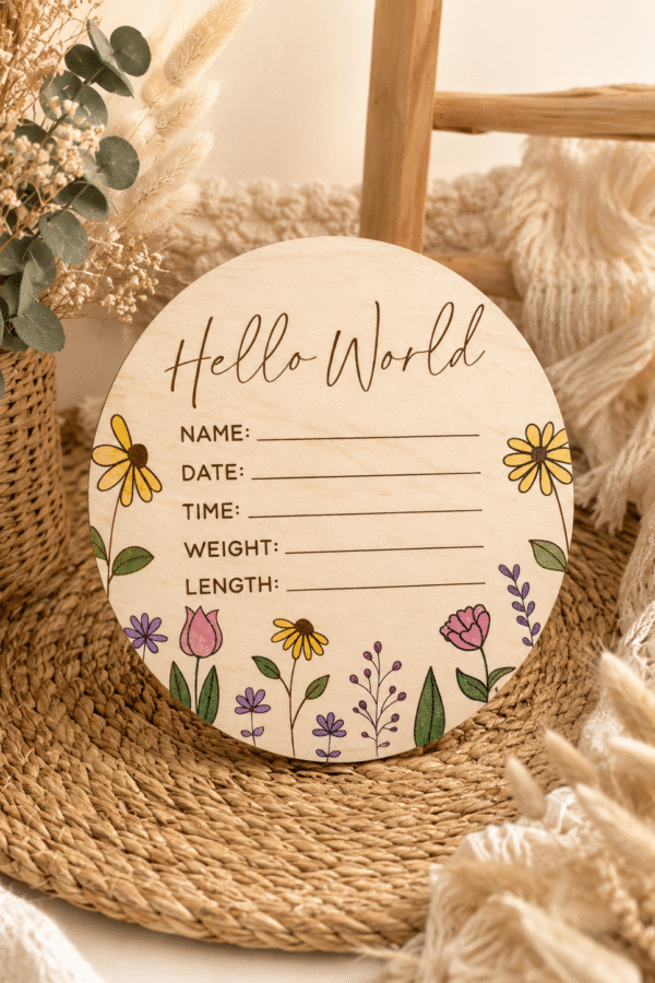 Табелка за новородено Hello World – име, дата, час, тегло и ръст