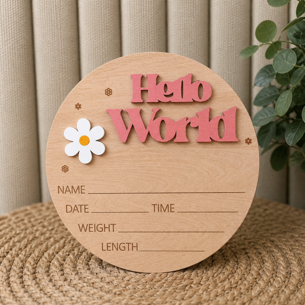 Табелка за новородено Hello World – име, дата, час, тегло и ръст