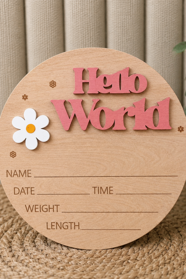 Табелка за новородено Hello World – име, дата, час, тегло и ръст
